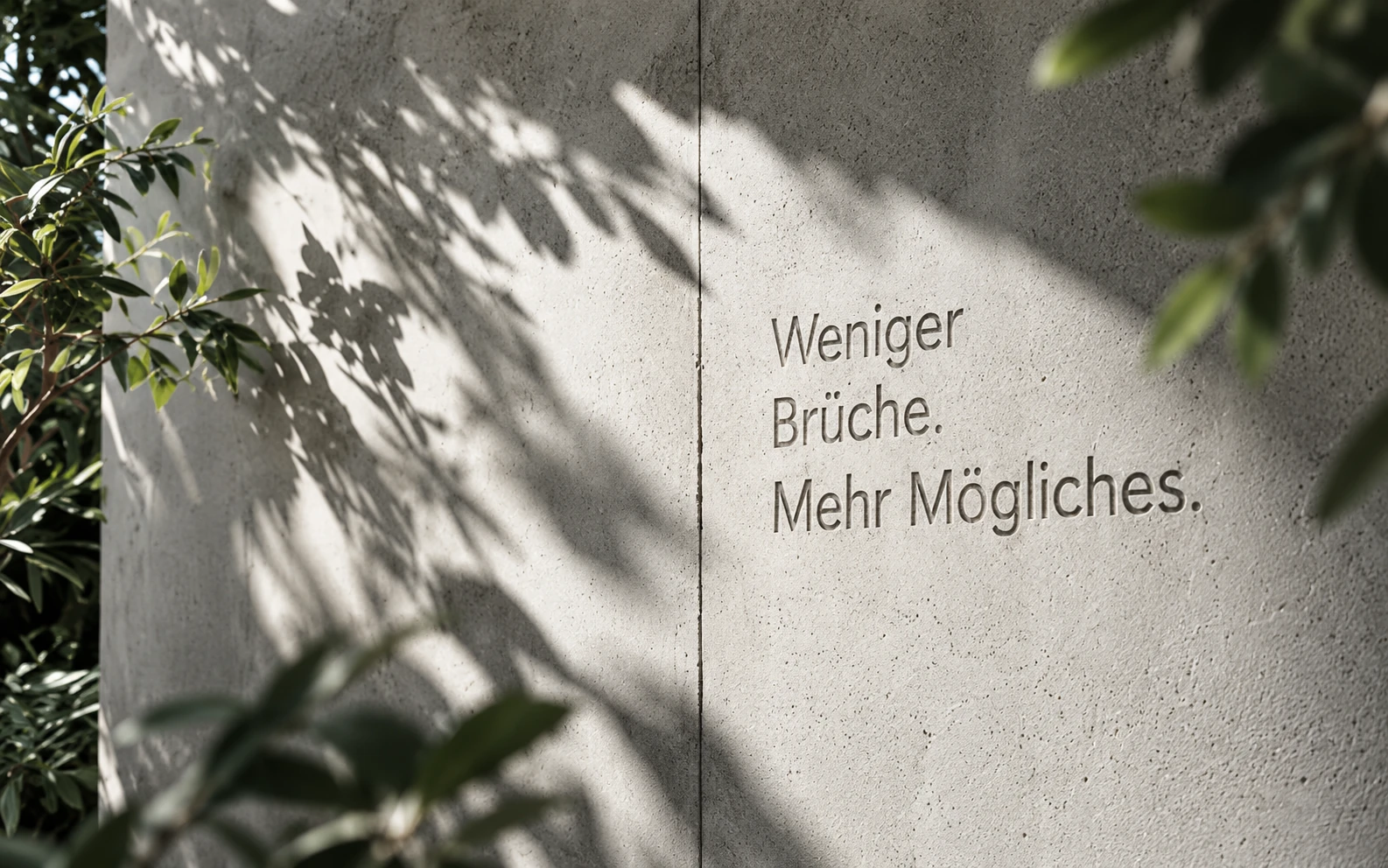 Weniger Brüche. Mehr Mögliches. In einer Betonwand mit Blattschatten.